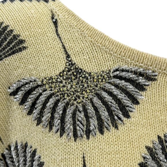 Magnolia Vtg Women's Sweater SZ S Beaded Embellished Crane Bird Print Fan Yellow - Picture 7 of 11